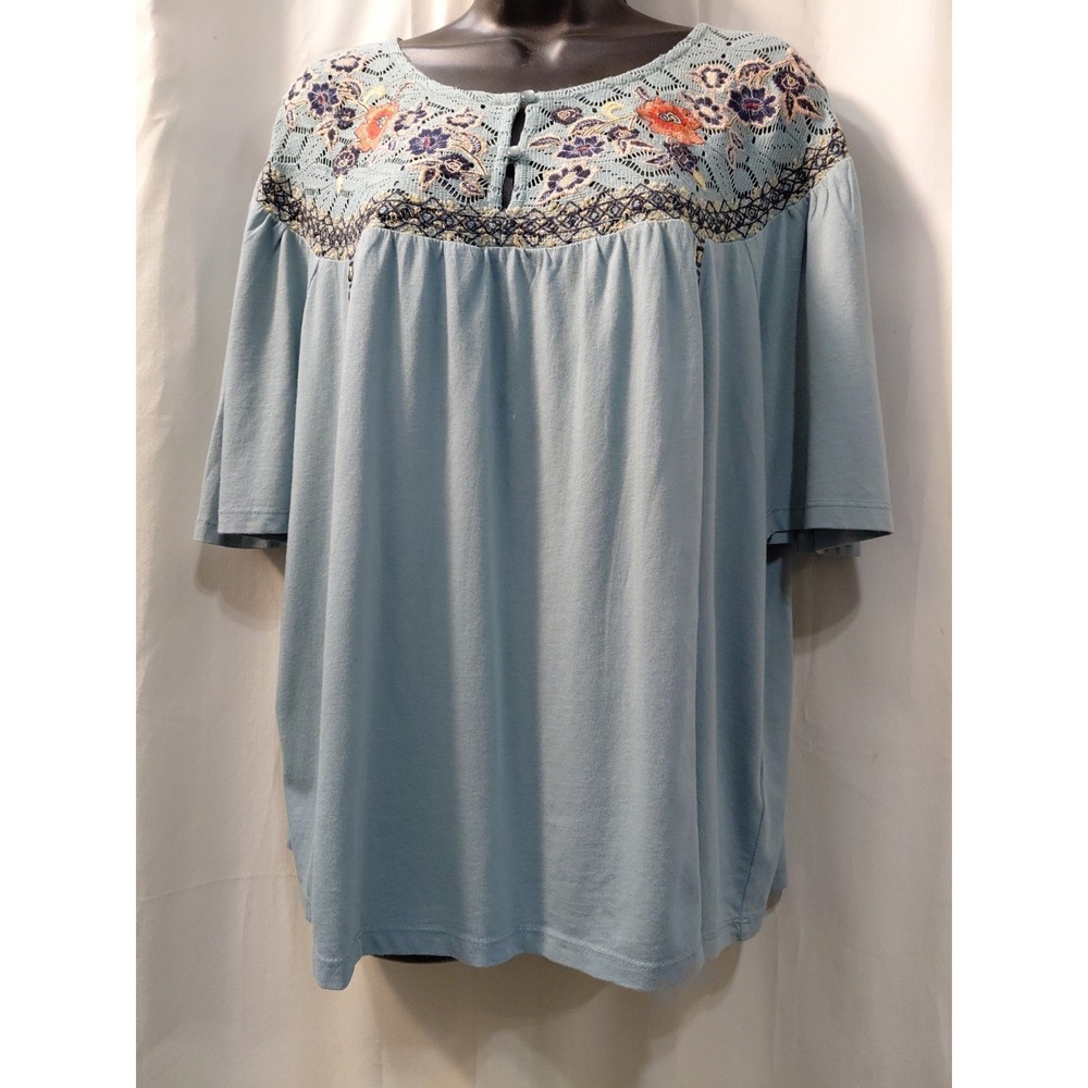 Sundance Embroidered Rossi Dusty Blue Mesh Short Sleeve Top Womens Size XL